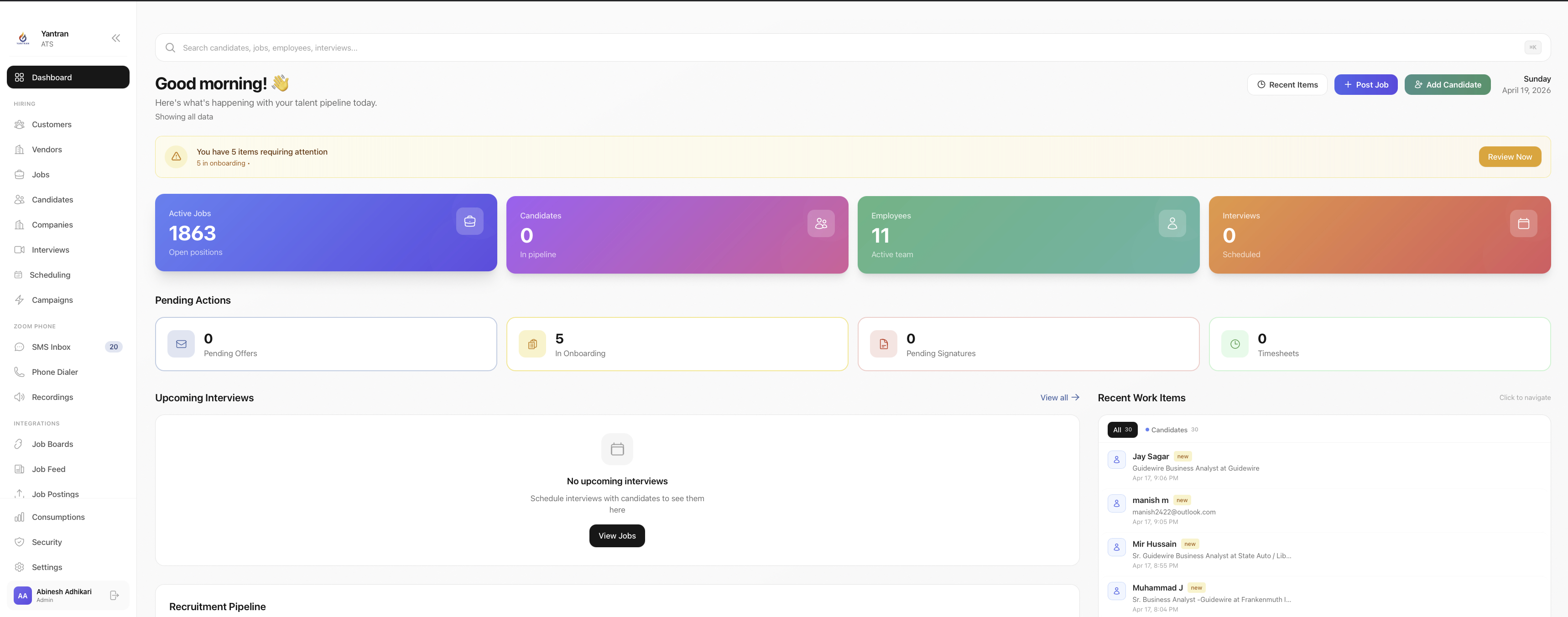 Hireon dashboard — recruiter cockpit with pipeline, queues and interview loops in one view